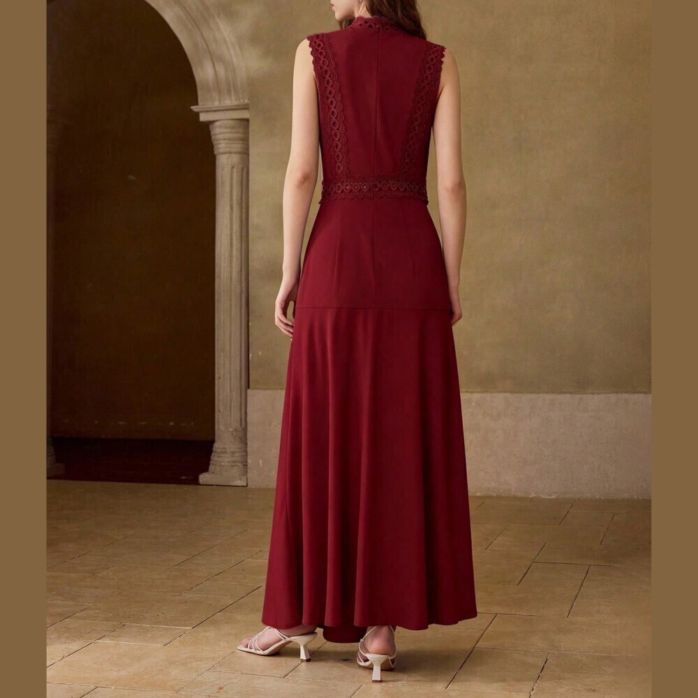 Burgundy Lace Trim Sleeveless Maxi Dress with Stand Collar - Picture 2 of 6